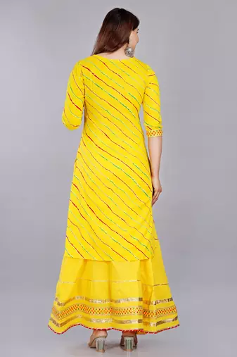 Yellow embroidered pure cotton printed kurta skirt with dupatta set