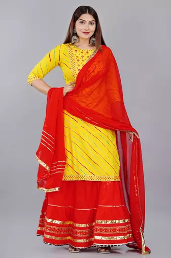 Embroidered pure cotton printed kurta skirt with dupatta set