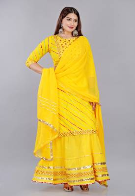 Yellow embroidered pure cotton printed kurta skirt with dupatta set 3