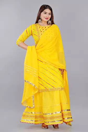 Yellow embroidered pure cotton printed kurta skirt with dupatta set