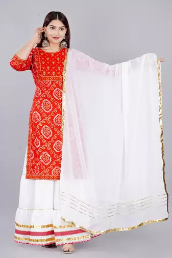 Embroidered pure cotton printed kurta skirt with dupatta set