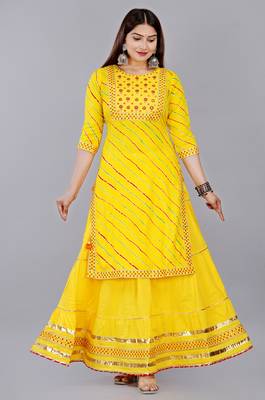 Yellow embroidered pure cotton printed kurta skirt with dupatta set 4