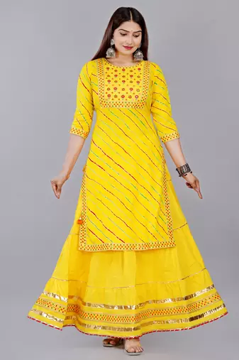 Yellow embroidered pure cotton printed kurta skirt with dupatta set