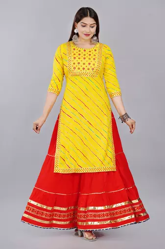 Embroidered pure cotton printed kurta skirt with dupatta set