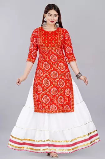 Embroidered pure cotton printed kurta skirt with dupatta set