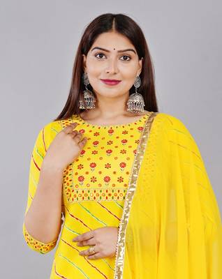 Yellow embroidered pure cotton printed kurta skirt with dupatta set 5