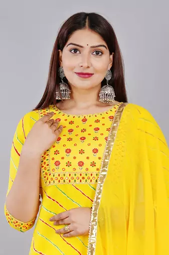 Yellow embroidered pure cotton printed kurta skirt with dupatta set