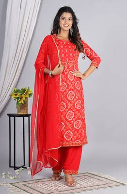 Embroidered straight rayon kurta palazzo with dupatta set 3