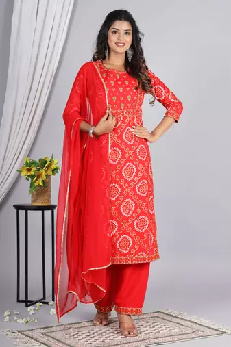 Embroidered straight rayon kurta palazzo with dupatta set