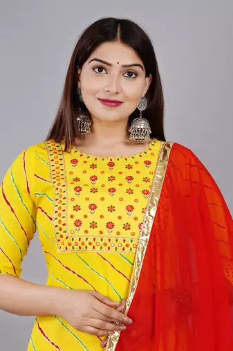 Embroidered pure cotton printed kurta skirt with dupatta set