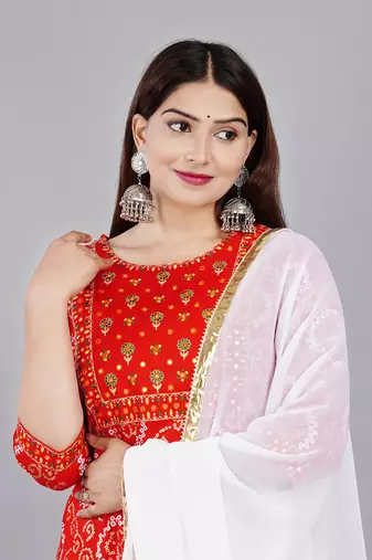 Embroidered pure cotton printed kurta skirt with dupatta set
