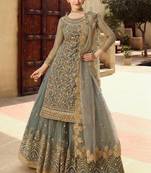 Grey soft net lehenga style salwar suit with dupatta