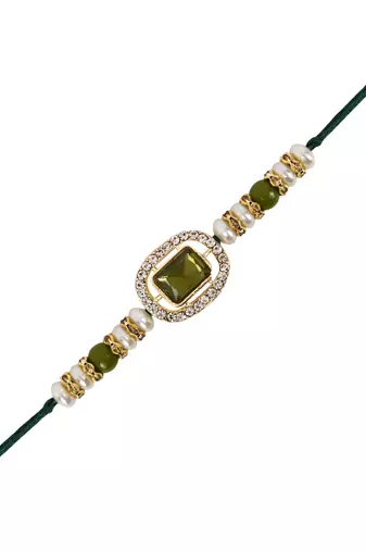 designer kundan pearl bhaiya rakhi with roli chawal & rakshabandhan card for brother/bro/bhai/men 