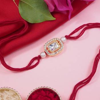 designer kundan pearl bhaiya rakhi with roli chawal & rakshabandhan card for brother/bro/bhai/men  1