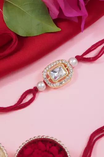 designer kundan pearl bhaiya rakhi with roli chawal & rakshabandhan card for brother/bro/bhai/men (r155m)