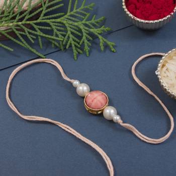 designer pearl beaded bhaiya rakhi with roli chawal & rakshabandhan card for brother/bro/bhai/men (r157pe) 1
