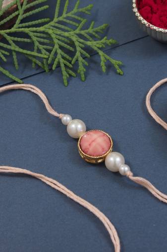 designer pearl beaded bhaiya rakhi with roli chawal & rakshabandhan card for brother/bro/bhai/men (r157pe)