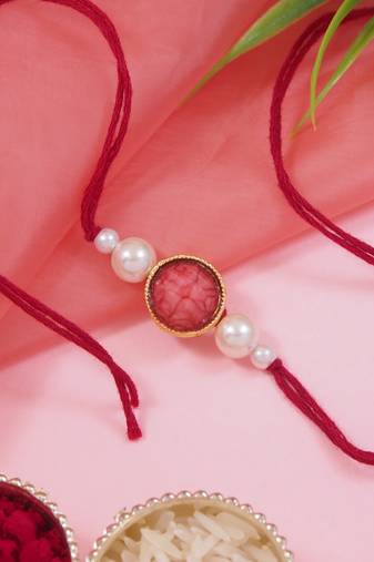 designer pearl beaded bhaiya rakhi with roli chawal & rakshabandhan card for brother/bro/bhai/men (r157re)