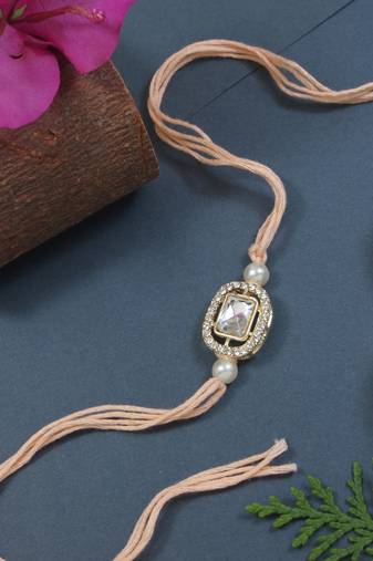 designer kundan pearl bhaiya rakhi with roli chawal & rakshabandhan card for brother/bro/bhai/men 