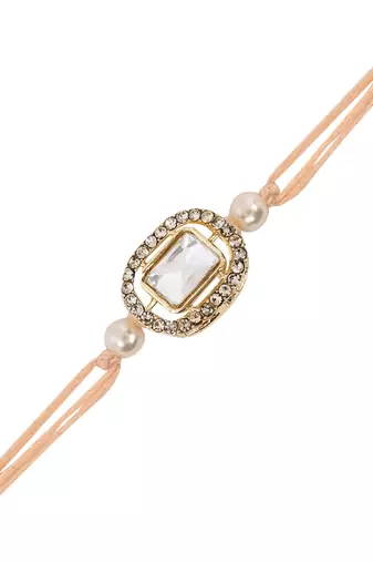 designer kundan pearl bhaiya rakhi with roli chawal & rakshabandhan card for brother/bro/bhai/men 