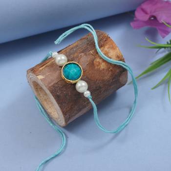 designer pearl beaded bhaiya rakhi with roli chawal & rakshabandhan card for brother/bro/bhai/men  1