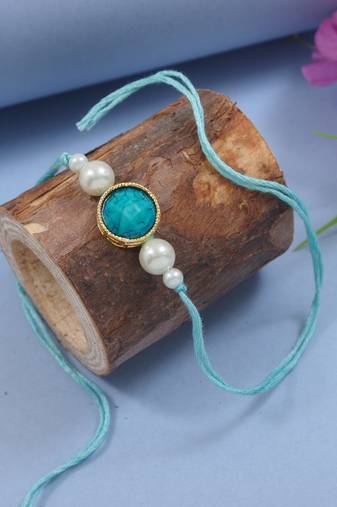 designer pearl beaded bhaiya rakhi with roli chawal & rakshabandhan card for brother/bro/bhai/men 