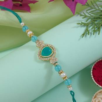 designer kundan pearl bhaiya rakhi with roli chawal for brother/bro/men with rakshabandhan card  1
