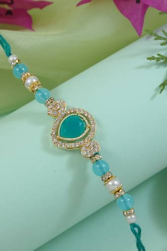 designer kundan pearl bhaiya rakhi with roli chawal for brother/bro/men with rakshabandhan card (r164sb)