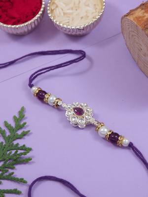 designer kundan pearl bhaiya rakhi with roli chawal & rakshabandhan card for brother/bro/bhai/men  1