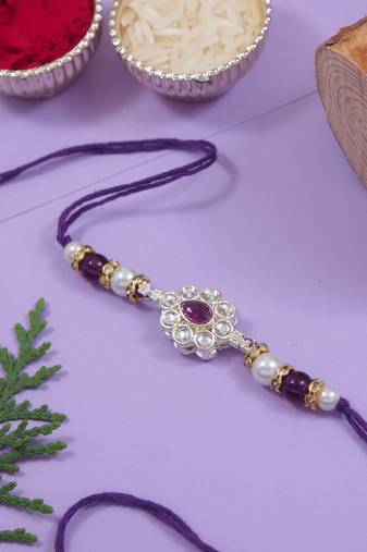 designer kundan pearl bhaiya rakhi with roli chawal & rakshabandhan card for brother/bro/bhai/men (r165wi)