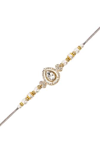 designer kundan pearl bhaiya rakhi with roli chawal for brother/bro/men with rakshabandhan card (r164w)