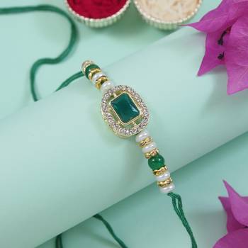 designer kundan pearl bhaiya rakhi with roli chawal & rakshabandhan card for brother/bro/bhai/men  1