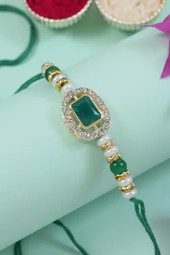 designer kundan pearl bhaiya rakhi with roli chawal & rakshabandhan card for brother/bro/bhai/men (r168g)