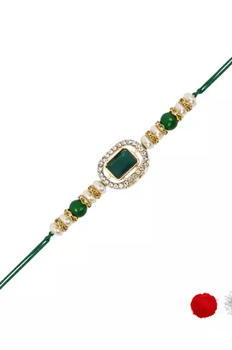 designer kundan pearl bhaiya rakhi with roli chawal & rakshabandhan card for brother/bro/bhai/men 