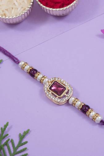 designer kundan pearl bhaiya rakhi with roli chawal & rakshabandhan card