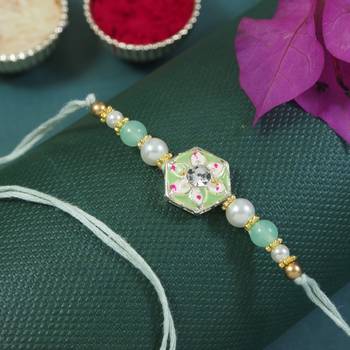 designer meenakari kundan pearl bhaiya rakhi with roli chawal & rakshabandhan card 1