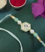 designer meenakari kundan pearl bhaiya rakhi with roli chawal & rakshabandhan card