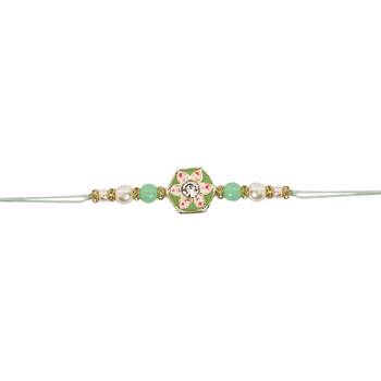 designer meenakari kundan pearl bhaiya rakhi with roli chawal & rakshabandhan card 2