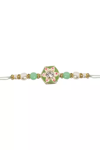 designer meenakari kundan pearl bhaiya rakhi with roli chawal & rakshabandhan card