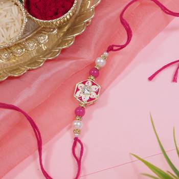 designer meenakari kundan pearl bhaiya rakhi with roli chawal & rakshabandhan card 1