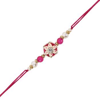 designer meenakari kundan pearl bhaiya rakhi with roli chawal & rakshabandhan card 3