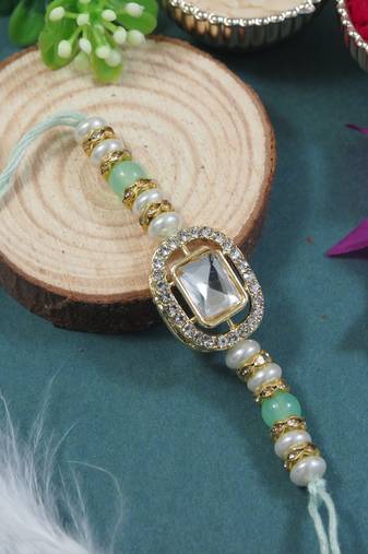 designer kundan pearl bhaiya rakhi with roli chawal & rakshabandhan card for brother/bro/bhai/men (r168min)
