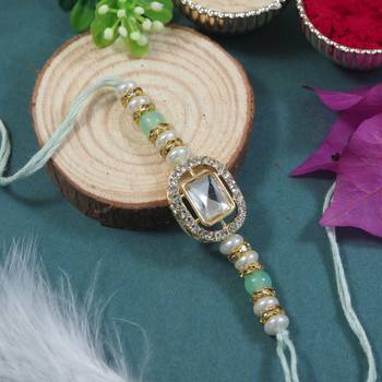 designer kundan pearl bhaiya rakhi with roli chawal & rakshabandhan card for brother/bro/bhai/men  1