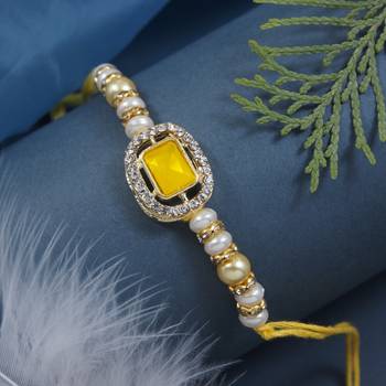 designer kundan pearl bhaiya rakhi with roli chawal & rakshabandhan card for 1