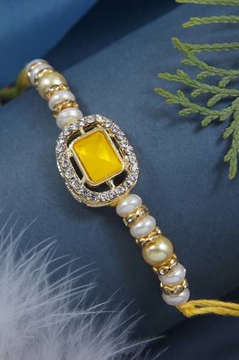 designer kundan pearl bhaiya rakhi with roli chawal & rakshabandhan card for