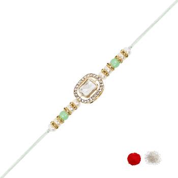 designer kundan pearl bhaiya rakhi with roli chawal & rakshabandhan card for brother/bro/bhai/men  2