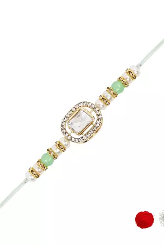 designer kundan pearl bhaiya rakhi with roli chawal & rakshabandhan card for brother/bro/bhai/men 