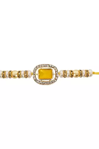 designer kundan pearl bhaiya rakhi with roli chawal & rakshabandhan card for