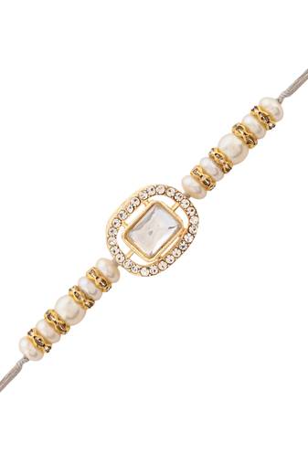 designer kundan pearl bhaiya rakhi with roli chawal & rakshabandhan card for brother/bro/bhai/men (r186w)