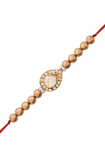 designer kundan pearl bhaiya rakhi with roli chawal & rakshabandhan card for brother/bro/bhai/men (r187w)